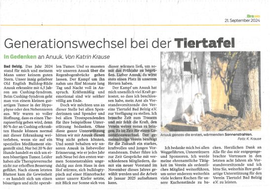 Zeitungsartikel aus der Brawo vom 21.09.2024. Gedenken an Anuuk. Vorsitzende der Tiertafel Bad Belzig e.V. zieht sich zurück.