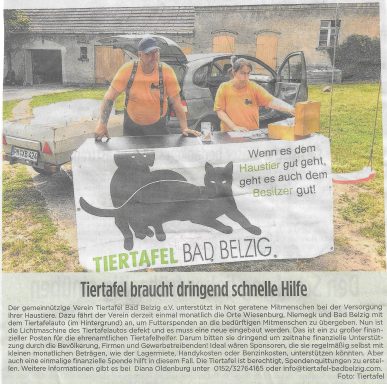 Zeitungsartikel aus der Brawo vom 31.07.2019. Spendenaufruf zur Reparatur der Lichtmaschine vom Auto.