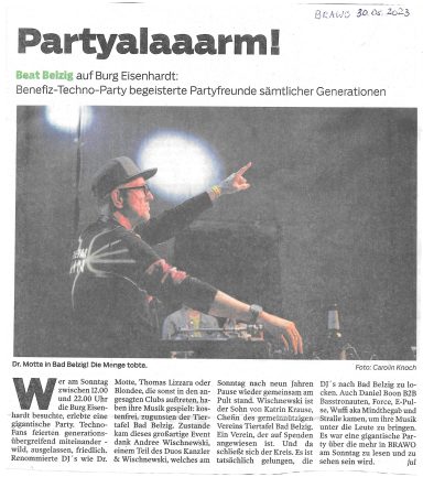 Brawo vom 30.08.2023 Zeitungsartikel aus der Brawo vom 30.08.2023. Benefiz-Techno-Party zu Gunsten der Tiertafel voller Erfolg.