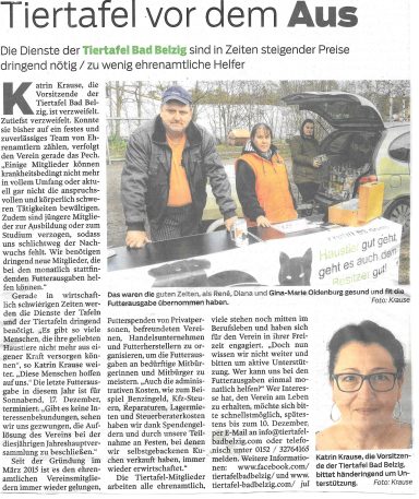 Zeitungsartikel der Brawo aus November 2022. Die Tiertafel braucht dringend neue Mitglieder, sonst muss sie schließen