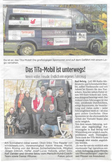 Zeitungsbericht aus der Brawo vom 17.02.2016 über das neue Tiertafel Auto