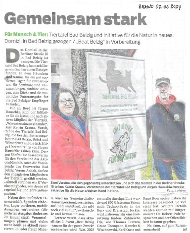 Brawo vom 07.01.2024 Zeitungsartikel Brawo 07.01.2024. Die Tiertafel Bad Belzig e.V. und die Initiative für die Natur in gemeinsames Vereinsgebäude gezogen
