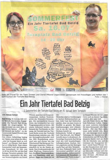 Zeitungsbericht aus der Brawo vom 10.07.2016 zum Sommerfest 1 Jahr Tiertafel
