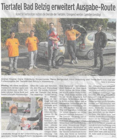 Zeitungsartikel aus der Brawo vom 27.09.2020. Die Tiertafel unterstützt und auch Tierhalter in Brück-Ausbau.