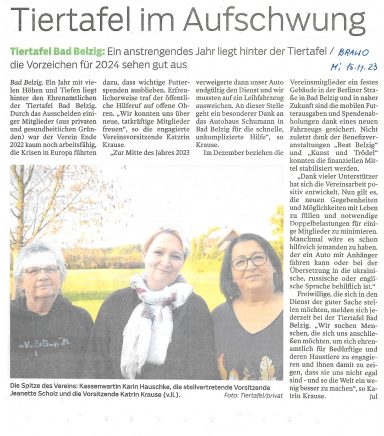 Brawo vom 15.11.2023 Zeitungsartikel aus der Brawo vom 15.11.2023. Die Tiertafel erlebt Aufschwung. Wechsel im Vorstand.