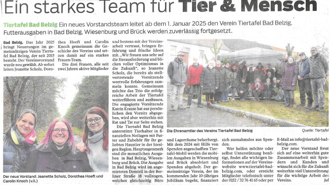 Zeitungsartikel aus der Brawo vom 28.12.2024. Ein starkes Team für Tier & Mensch. Neuer Vorstand in der Tiertafel Bad Belzig e.V.