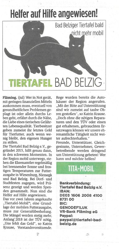 Zeitungsbericht aus der Brawo vom 24.12.2017. Die Tiertafel benötigt Spenden für wichtige Reparaturen am Tiertafel Auto