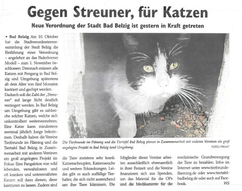 Wochenspiegel vom 02.11.2016 Zeitungsbericht vom Wochenspiegel 02.11.2016 über die neue Verordnung der Stadt Belzig gegen Streunerkatzen