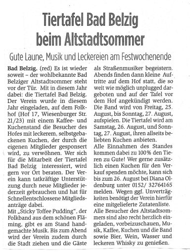 Brawo vom 23.08.2017 Die Tiertafel Bad Belzig e.V. hat einen Stand bei dem Altstadtsommer in Bad Belzig und sucht nach Kuchenbäckern.