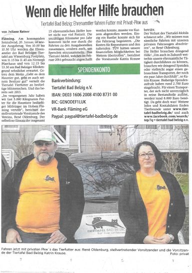 Zeitungsartikel aus der Brawo vom 14.01.2018. Tiertafel Auto irreparabel. Spendenaufruf.